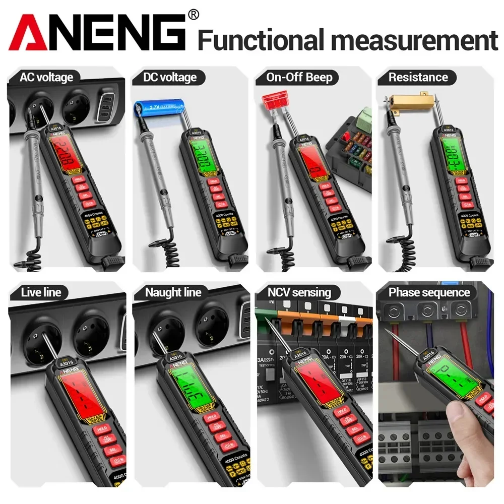 ANENG A3016 Digital Pen Multimeter 500mA Rechargeable Tester 4000 Counts AC/DC Voltage 40MOhm NCV Test Detector Tools