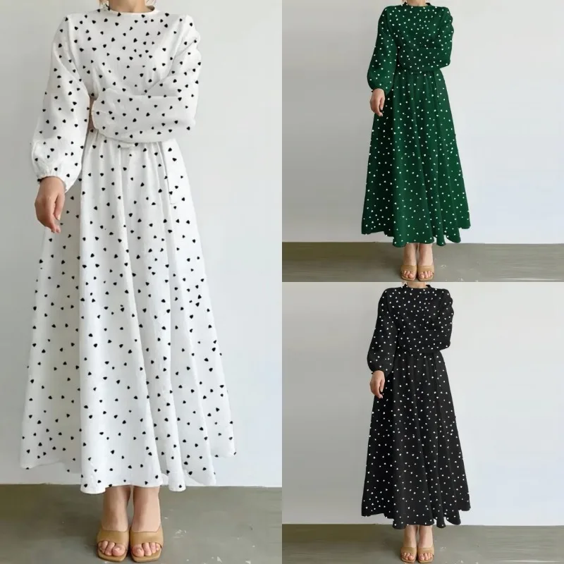 

New Muslim Casual Loose Waisted Long-sleeved Round Neck Heart-shaped Print Dress