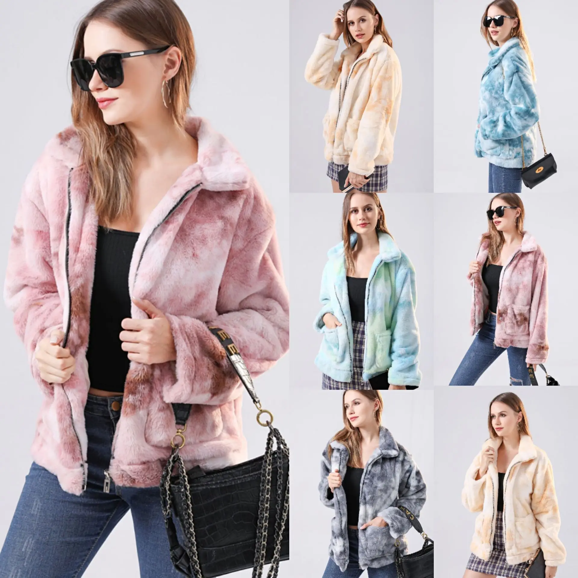 

Autumn women's plush colored tie dyed long sleeved jacket