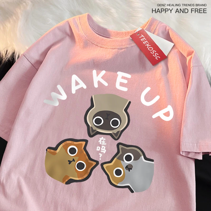 Wake Up 3 Onlookers Of Cats Top Men Women Cotton Loose T Shirt Oversize Summer Casual Breathable Tee Fashion O-Neck Short Sleeve
