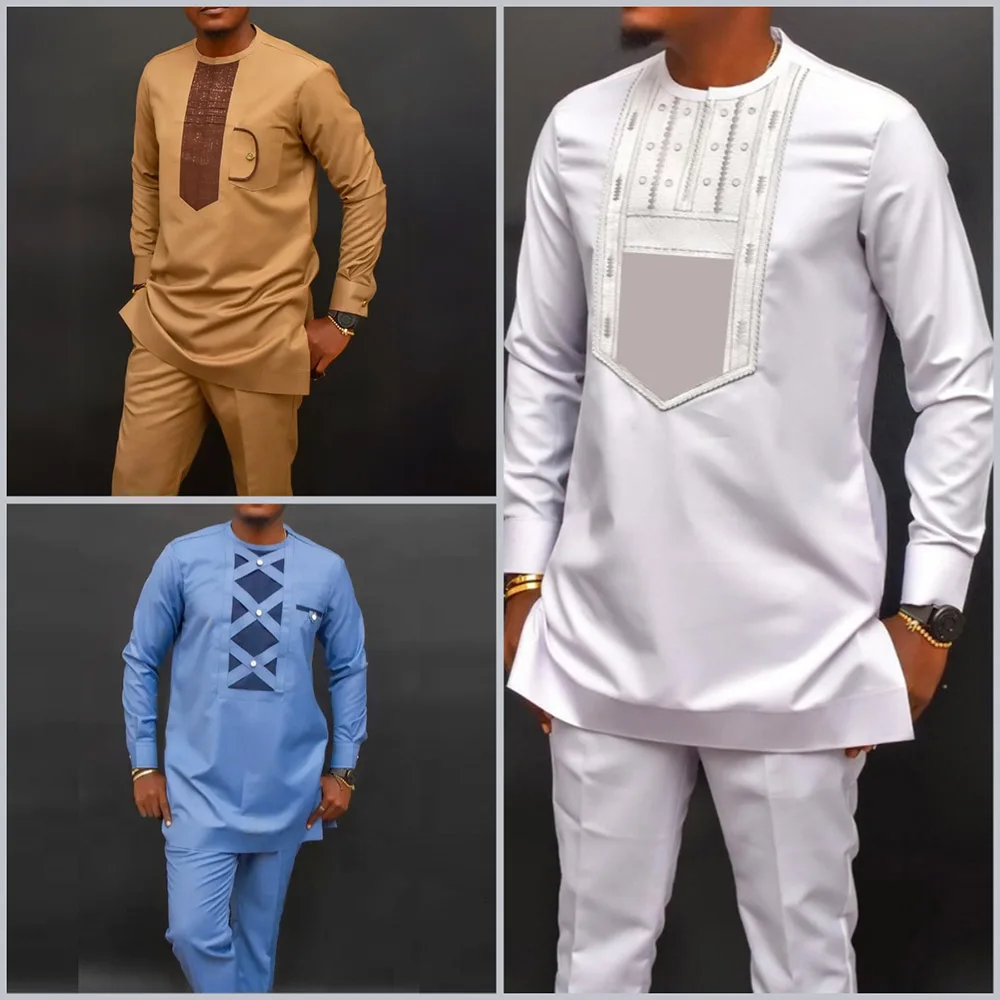 New 2Pc Luxury African Traditional Men's Clothing Elegant Full Suits Male Pant Sets To Dress Native Outfit Ethnic Dashiki Kaftan