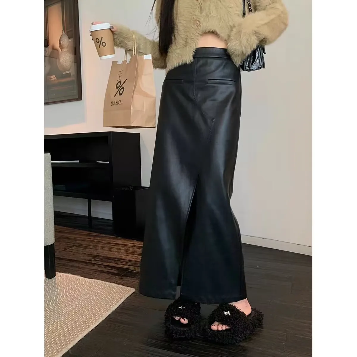 

Retro Black PU Leather Skirt Half length Women's Autumn/Winter Mid length High Waist Slim Split Hip Wrap Skirt vintage