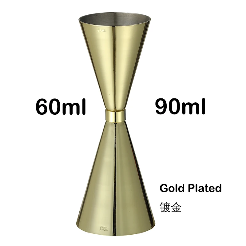Assorted stainless steel cocktail jiggers for precise drink measurement in different sizes and finishes