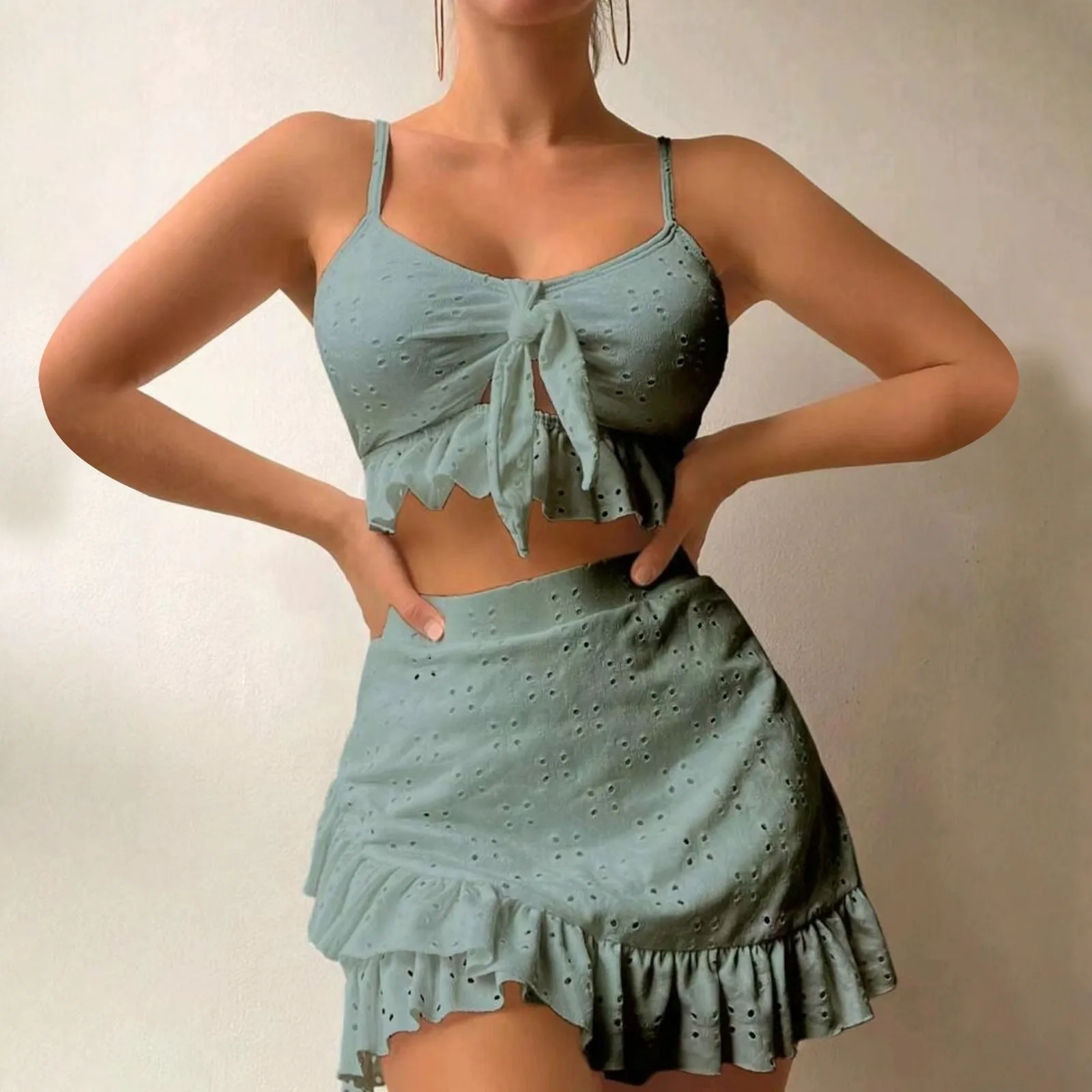 

Новинка 2024, комплекты Танкини, женский летний купальник для отдыха, пляжная Однотонная юбка с запахом на бедрах, купальники из трех предметов, накидка