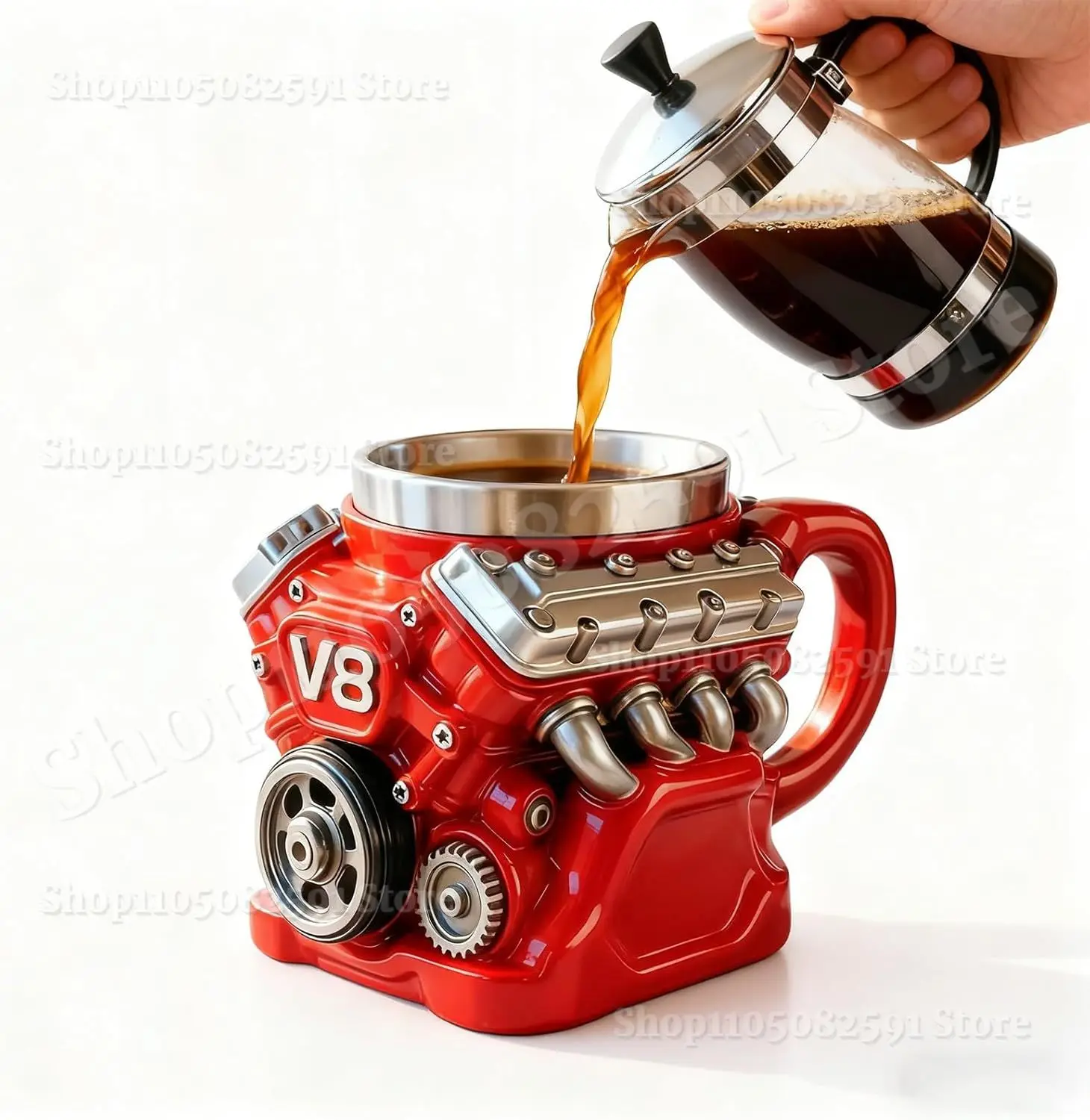 Retro V8 Engine Coffee Mug – Stainless Steel Double-Wall Insulated Car Mug with Handle 5