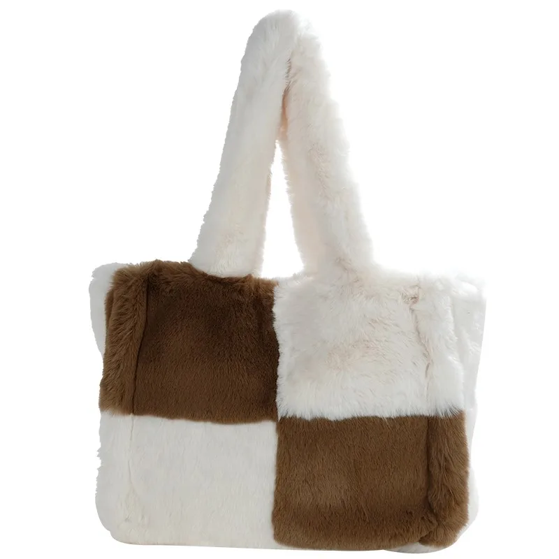 Sweet Cute Plush Tote Bag Women Color Block Soft Large Capacity Handbag Ladies Gentle Comfort Minimalist Versatile Underarm Bag