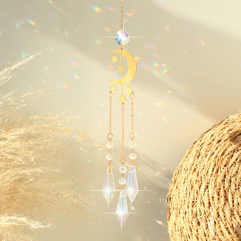 Moon Crystal Rainbow Suncatcher Window Garden Ornaments Stained Prism Glass Sun Catcher Outdoor Hanging Crystal Decorations