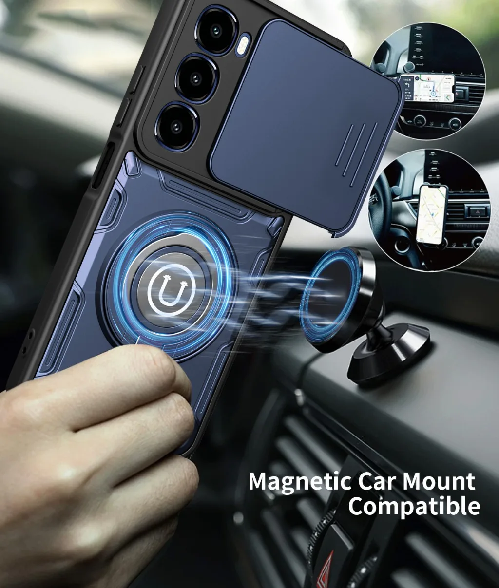 Magnetic 360° Ring Kickstand Phone Case with Slide Camera Lens Cover - Shockproof Design