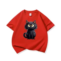 Adorable Black Cat Graphic Kids' Cotton Tee - Soft, Breathable Short Sleeve Shirt - 160 (Red H1567)