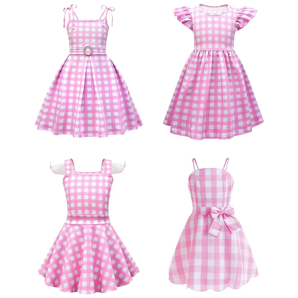 

Girl Real Barbi Movie Princess Dress Girl Pink Plaid Dress Party Carnival Children's Party Clothing Girl Beach Clothing 3-10Y