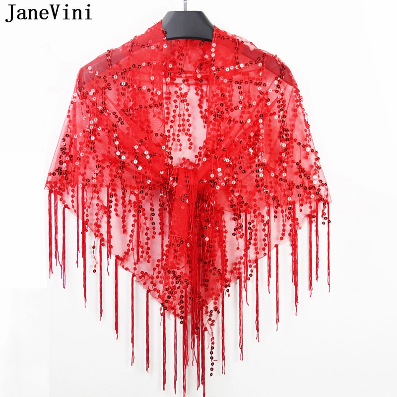 JaneVini Fashion Sequin Bolero Shawls for Dresses Cover Up Jacket Women Triangular Scarf Shiny Tulle Bridal Wedding Cape Wraps