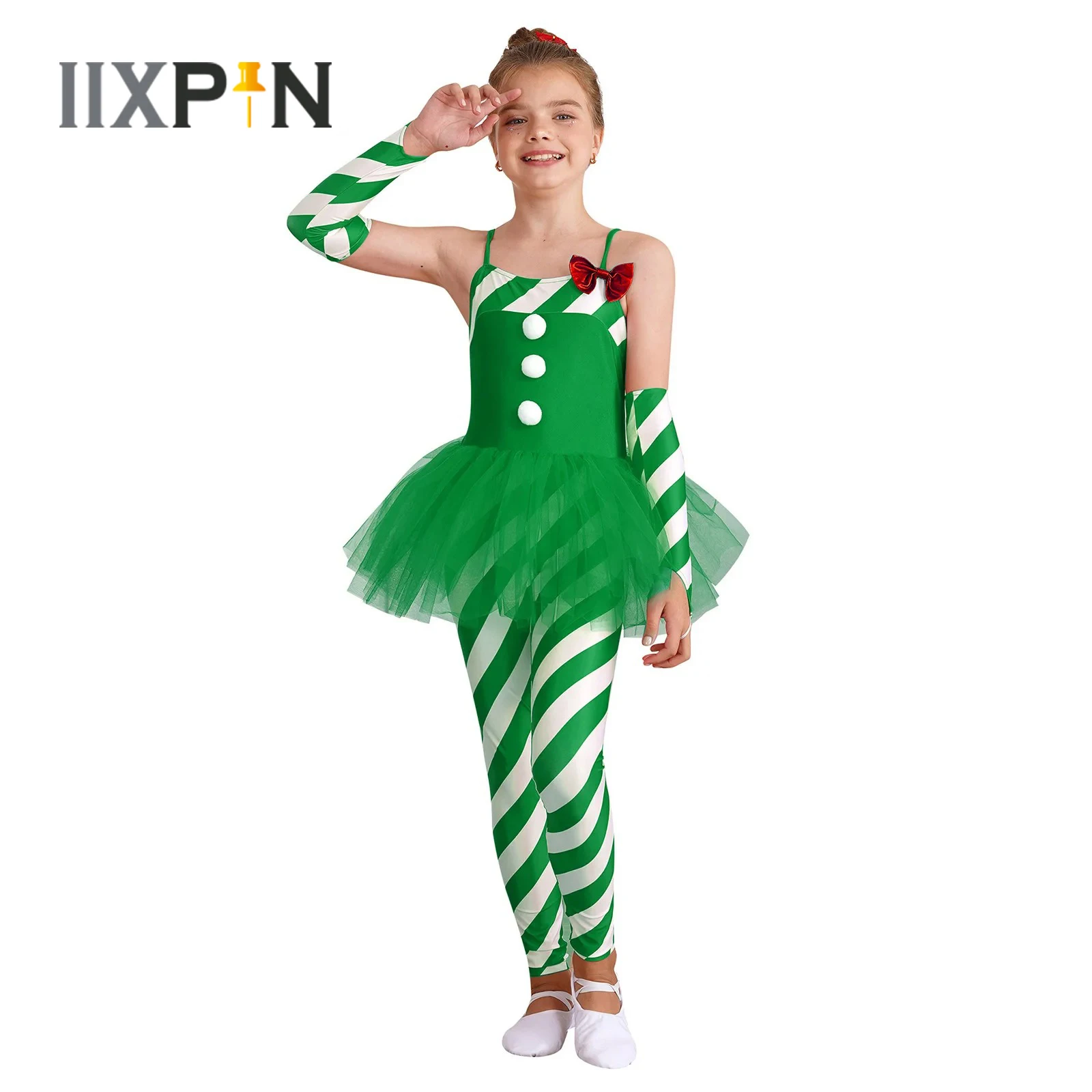 

Kids Girls Santa Claus Candy Cane Costume Christmas Party Dancewear Sleeveless Stripes Tulle Peplum Long Jumpsuit+Arm Sleeves