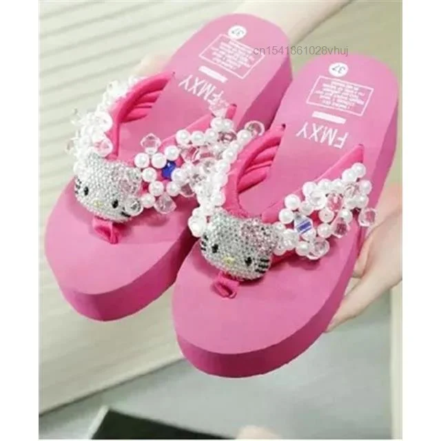 Sanrio Hello Kitty Soft Flip Flop Sandalen Y2k Strand Slides Schoenen Vrouwen Kawaii Casual Wedge Hoge Hakken Platform Slippers Dames