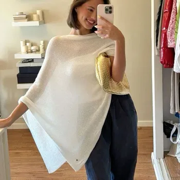 Womens Sheer Poncho Top Lightweight Knit Shrug Shawl Off The Shoulder Mesh Blouse Cover Up Tops Y2k Aesthetic Beachwear 1