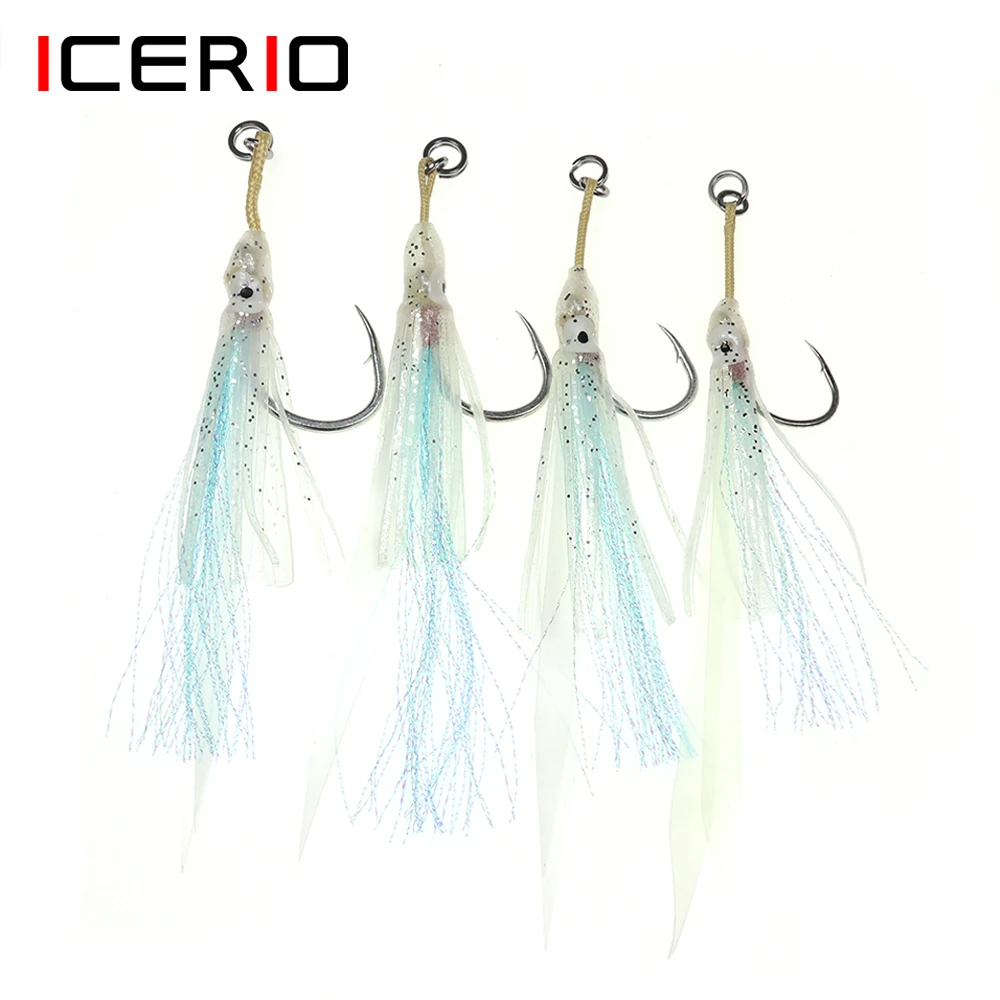 

ICERIO 10pcs 2/0 3/0 5/0 7/0 Luminous Squid Lure Kevlar Cord Soft Skirts Saltwater Fishing Heavy Duty Jigging Lure Hook