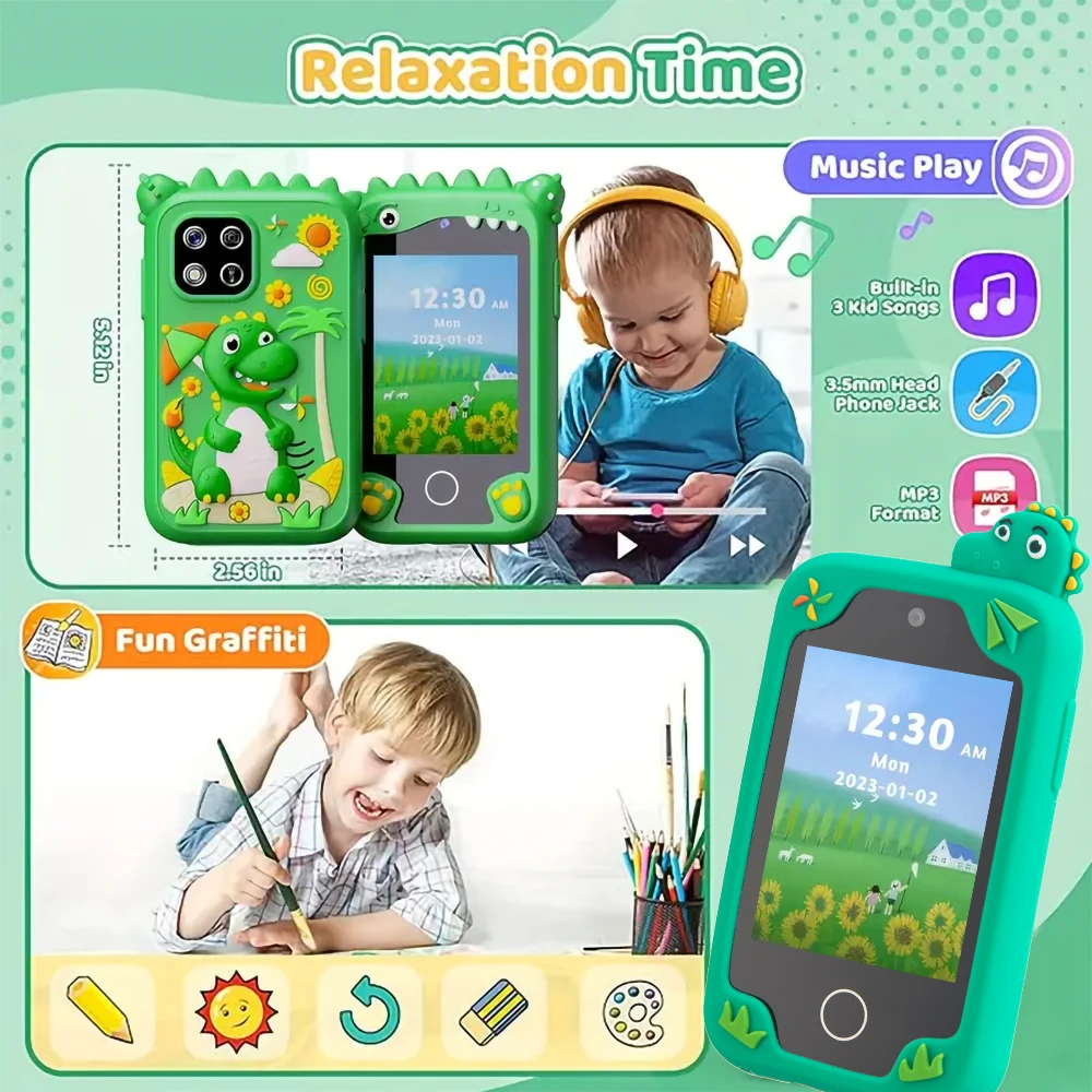 Cartoon Dinosaur Kids Smart Phone Toys Educational Music MP3 Player With Dual Camera for Boys Grils Birthday Christmas Gifts 4