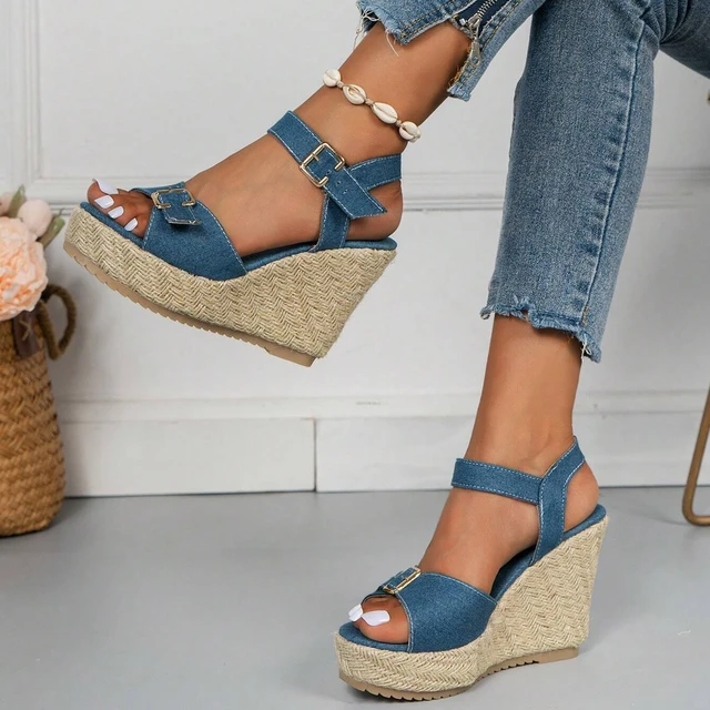 Women's Blue Denim Strap Espadrille Platform Sandals - Size 6