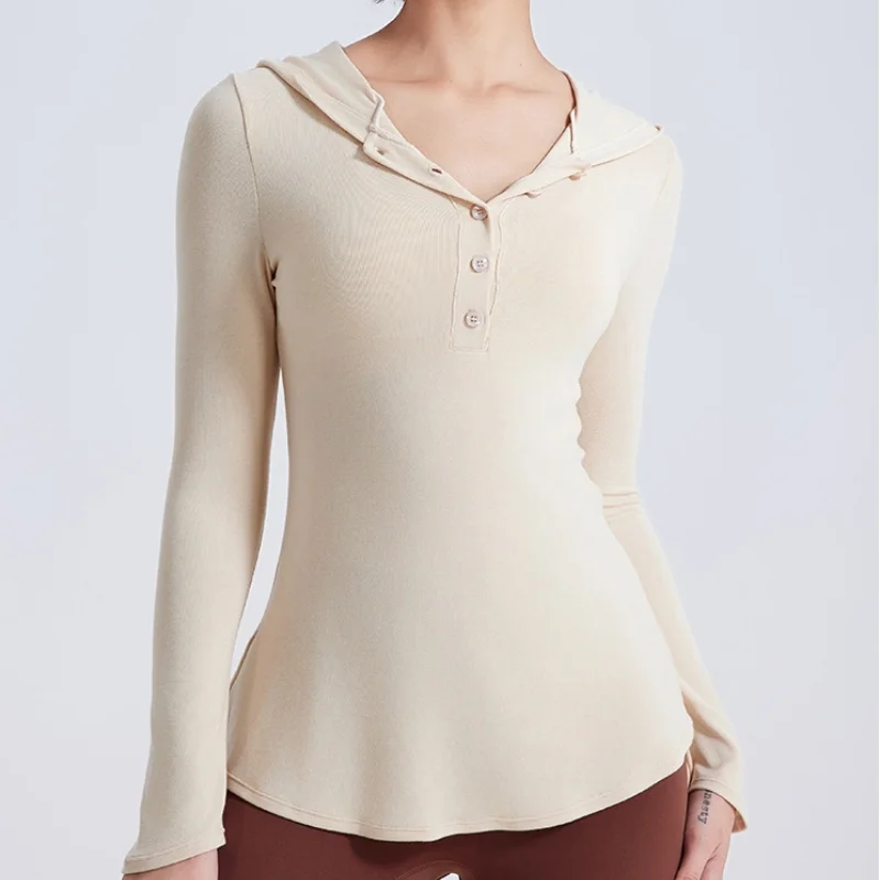 

Slim Long Open Neck Yoga Hooded Pullover Long Sleeve Women's Fitness Sweatshirt Pilates Running Sweatshirt Top T-Shirt