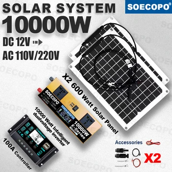 Sistema di Alimentazione Solare Intelligente e Durevole 10000W con 2 Pannelli da 600W e Regolatore da 100A |   Inverter Impermeabile per Casa, Auto, Yacht, Camper, Picnic