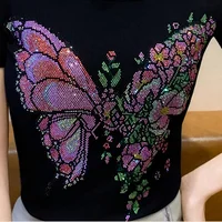 جديد السيدات شبكة تي شيرت مصمم فراشة الساخن الماس المرأة بلايز الصيف مثير خارج الكتف تيز بلوزة قمصان الملابس 6