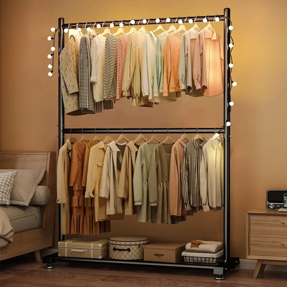 Clothes rack with double layers for floor hanger wardrobe shoe shelves