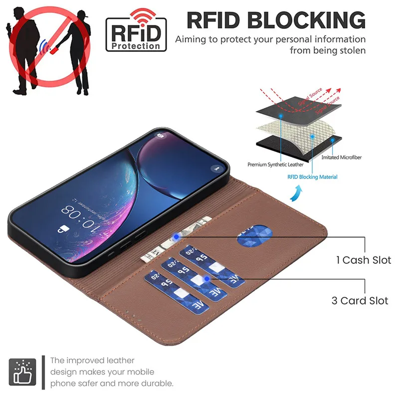 RFID Blocking Leather Wallet Flip Case - Premium Phone Cover and Protective Bag