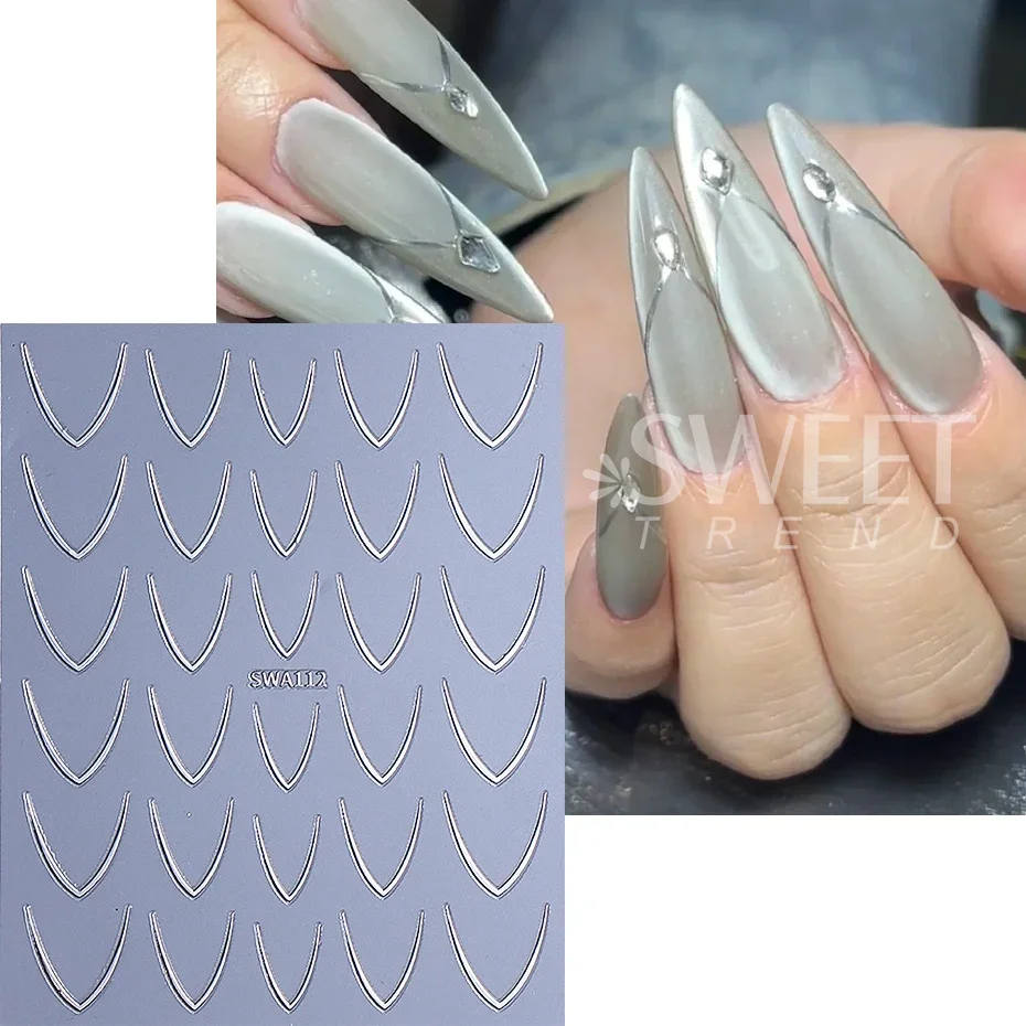 2pcs Gold Silver French Line Nail Stickers V-shaped French Simple Line Charm Foils Arc Design DIY Adhesive Decals Manicure Decor