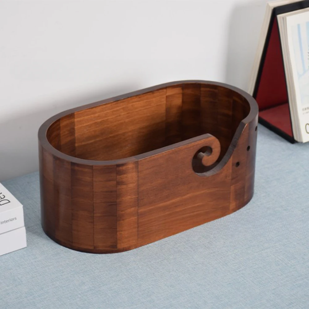 Wooden Yarn Bowl Large Size for Yarn skeins Oval Wooden Bowl Carved Holes Crochet Hook Rests Portable Knitting Yarn Holder