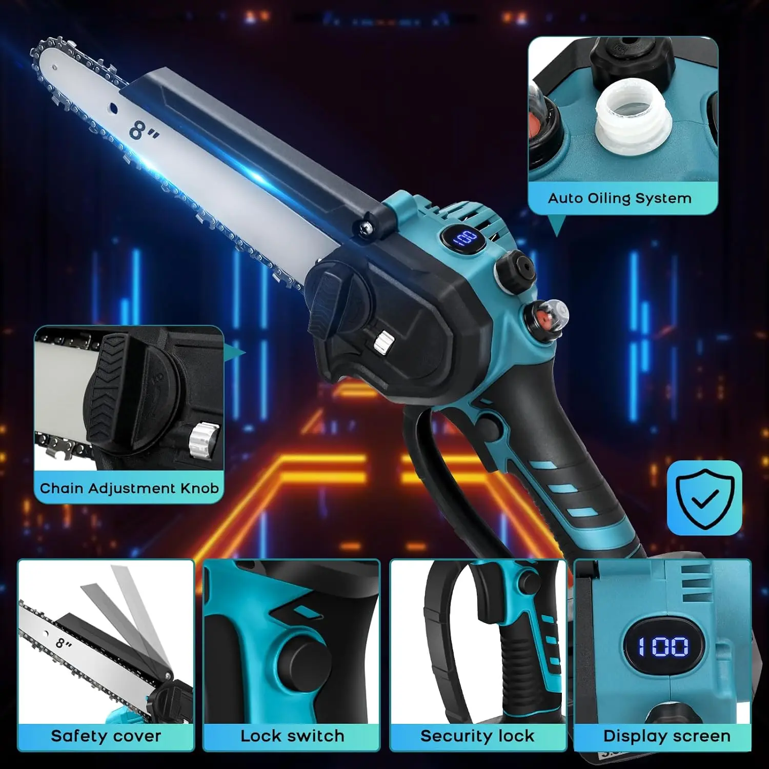 브러시리스 전기 체인톱, 휴대용 무선 목공 가지 치기 체인톱, 정원 절단 도구, 마키타 18V 배터리용, 8 인치