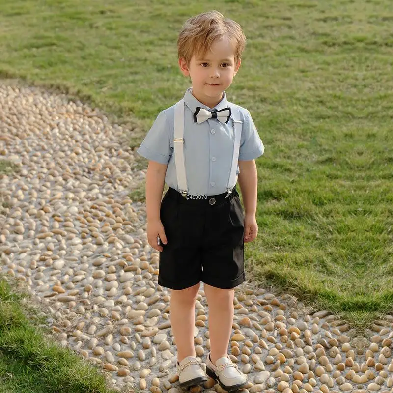 Costume Garçon Formel - Chemise Manches Courtes + Short à Bretelles + Nœud Papillon - Mariage, Cérémonie