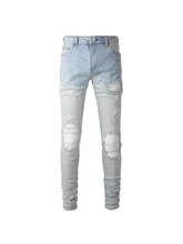  New Arrivals Men's Light Blue Ripped Streetwear Distressed Skinny Stretch Destroyed Tie Dye Bandana Ribs Patches Slim Fit Jeans 