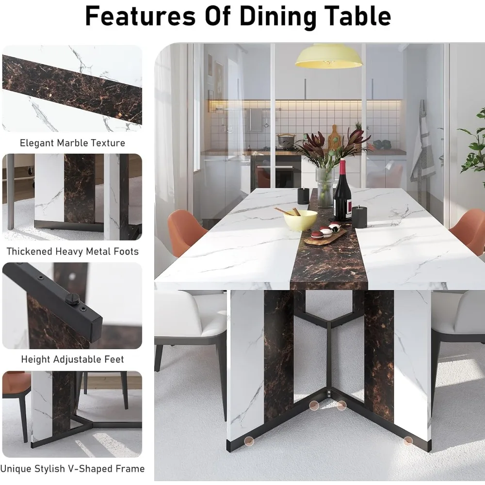 Dining Table Sets,71In Rectangular White Dining Table W/35 Marble-Color Wood Watrproof Tabletop,Living Room Dinings Set