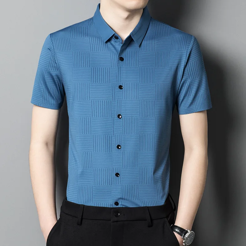 New Light Luxury High Quality Fabric Seamless Craft Summer Men's Short-Sleeved Shirt Business Casual Breathable