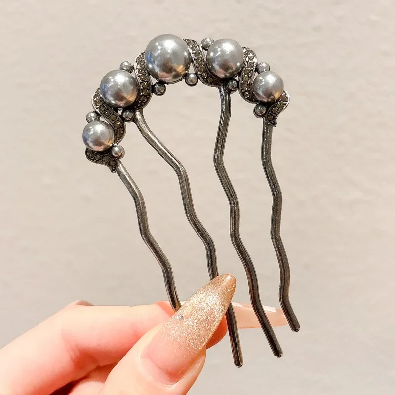 Pearl Hair Card For Women Temperament Four-pronged Disc Fixed Hairpin Comb U-shaped Hairclip Jewelry Accessories Gift