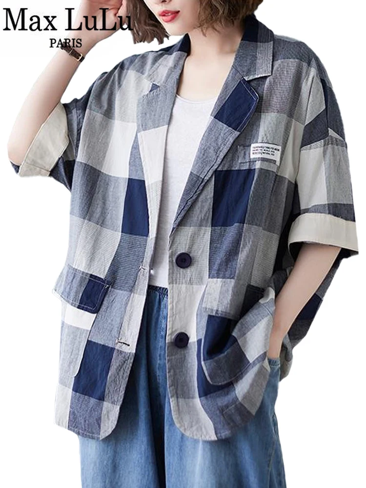 Max LuLu Japan Style 2022 Summer Ladies Blue Plaid Cotton Linen Blazers Women Vintage Loose Jackets Female Short Sleeve Coats