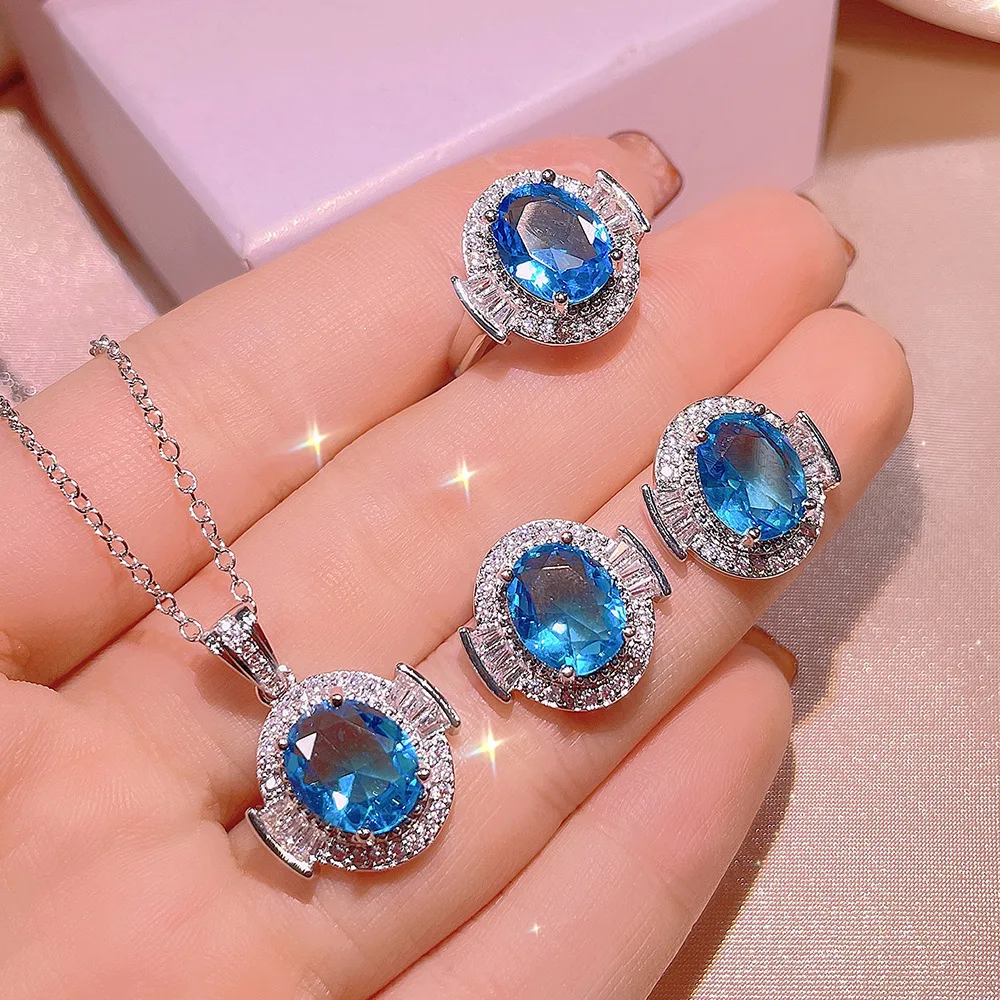 925 Silver Light Blue Zircon Ring Earring Necklace Three-Pcs Set For Ladies Wedding Party Birthday Jewelry Gift