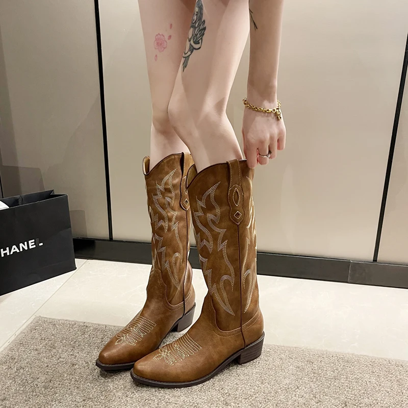 

Women Cowboy Boots Fashion Square Thick Heel Ladies Elegant Slip On Long Booties Spring Autumn Embroidery Women's Footwear