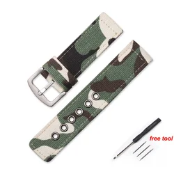 Camouflage Nylon Canvas Outdoor Sport Watchstrap - Soft Universal Replacement Bracelet - 22mm (Camo Green - Silver)