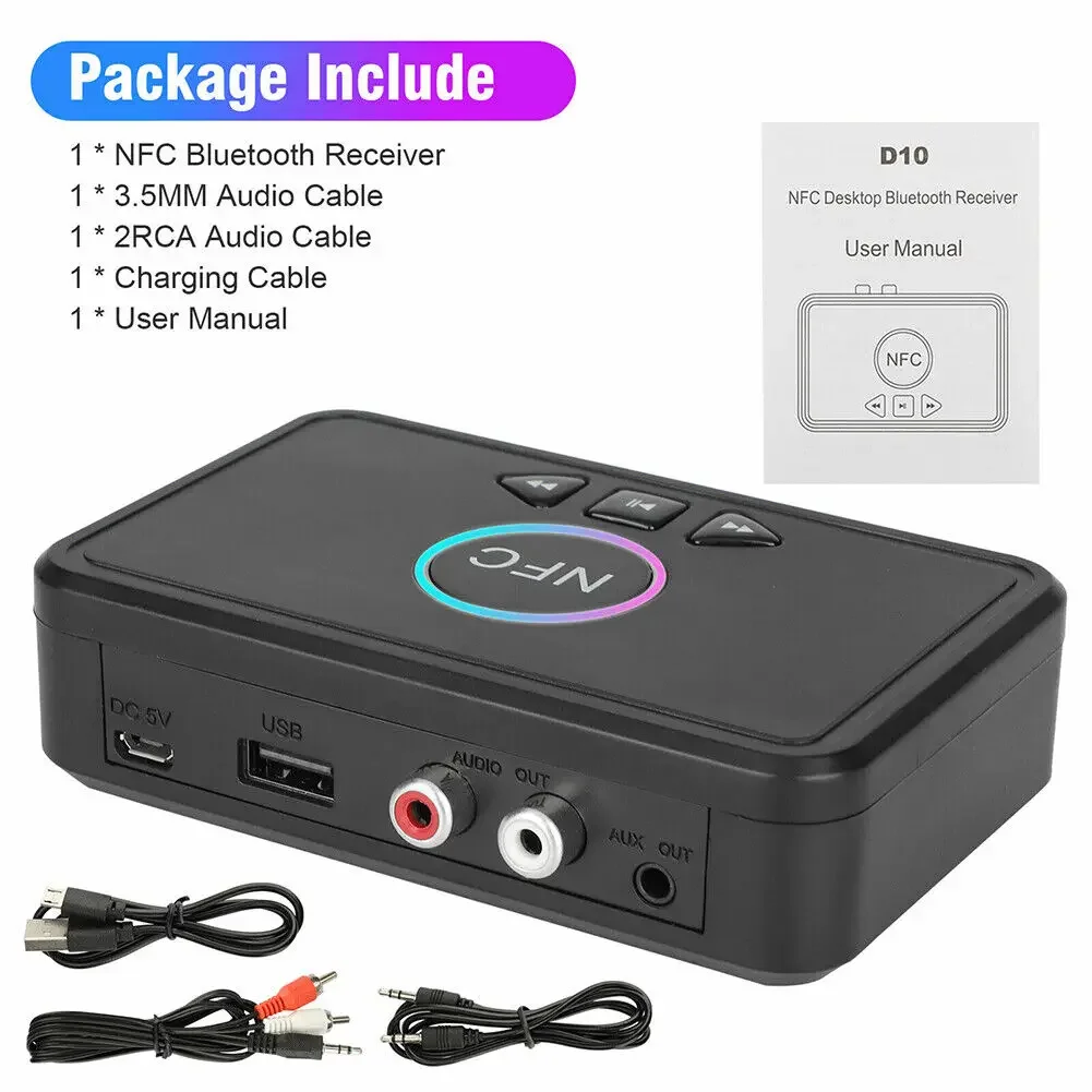 Gtwoilt NFC 5.0 Bluetooth Receiver A2DP AUX 3.5mm RCA Jack USB Smart Playback Stereo Audio Wireless Adapter for Car Kit Speaker