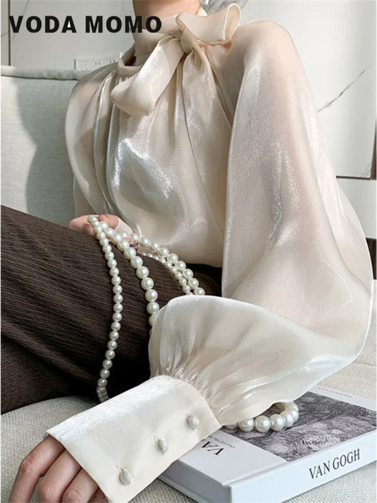 Spring Summer Women Fashion Blouse Elegant Turn Down Collar Female Blouse Long Sleeve Shirts Tops Gentle Wind Satin Silk Shirt