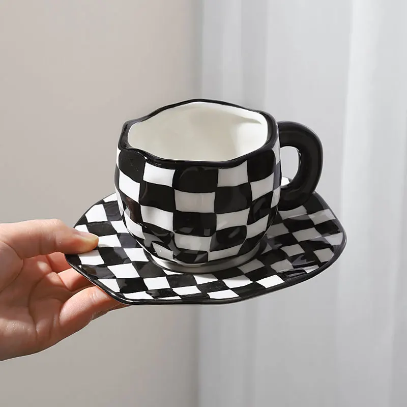 Black White Mug Line Diamond Shape Custom Unique Ceramic Coffee