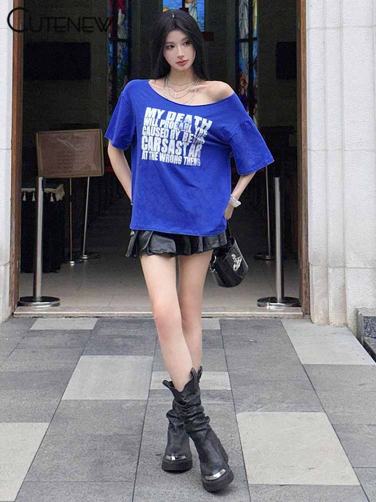 Casual Letter Print Women T-shirts Summer Concise Incline Shoulder Short Sleeve Oversized Tees Female Wild Street Tops