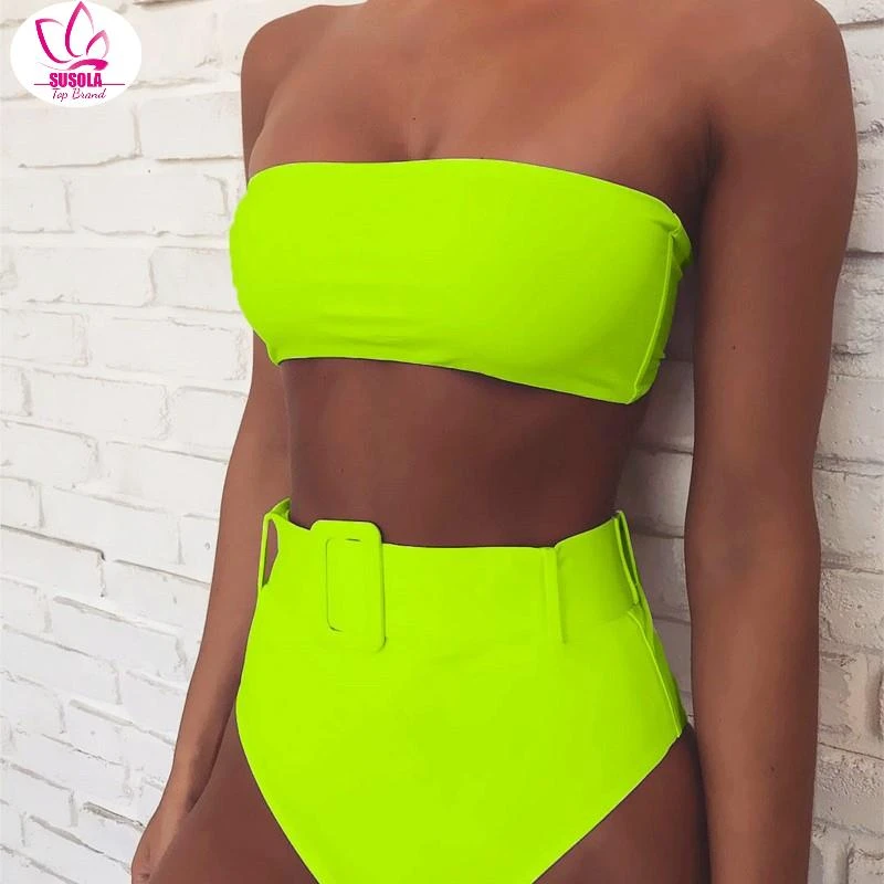 High Waist Brazilian Neon Bikini 2022 Belt Swimwear Women Bandeau Swimsuit Female Push Up Bathing Suit Summer Bathers Biquini green bikini set