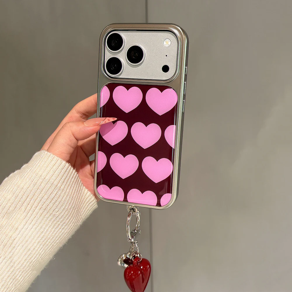 Chic Pink Love Heart Wine Red Hard Plastic Phone Case with Electroplated Frame and Drip Glue Back Cover