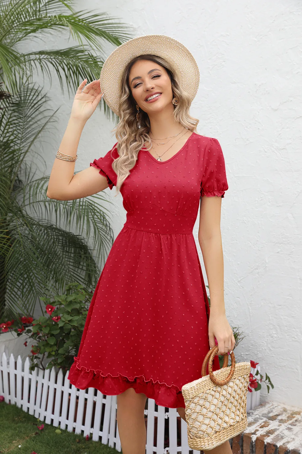 

Summer women's Jacquard V-neck aistband Beach Casual Fashion Dress
