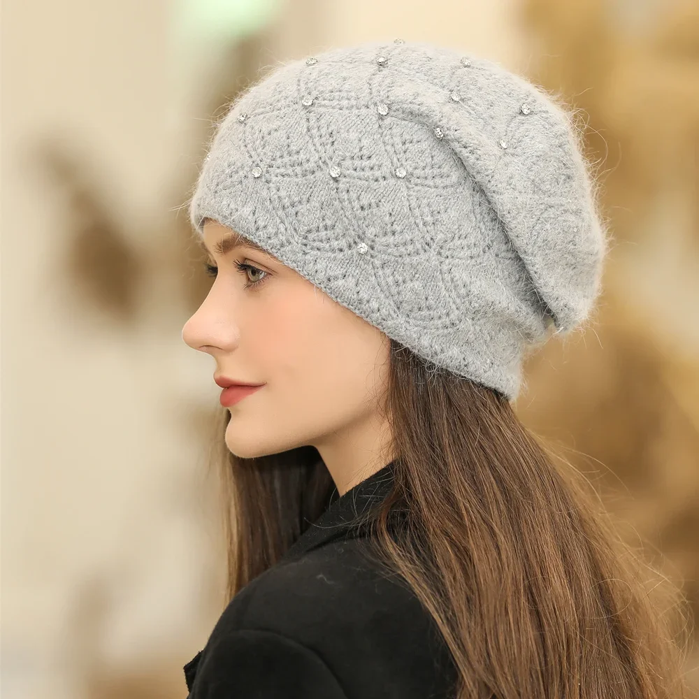Women Winter Hat Streetwear Rabbit Fur Blend Warm Cap Decorate Beanie Hat For Female Casual Knitted Dot Decoration Hat