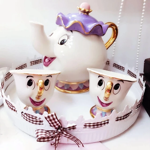 Rajzfilm Szépség És A Beast Teapot Bögre Mrs. Potts Chip Tea Pot Cup Cogsworth Porcelain Ajándék 18K Aranyozott Festett Zománc - Image 3