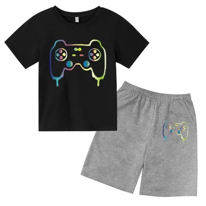 thumbnail image 1 of Conjunto de camiseta y pantalones cortos con estampado de máquina de juego de arte de grafiti para niños, moda de verano, informal, de manga corta, para niños y niñas, 1 of 5