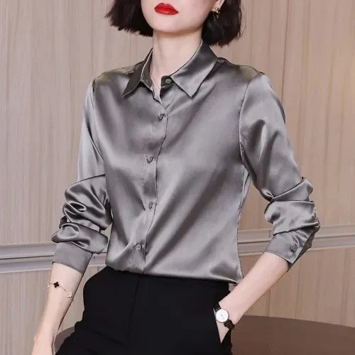 Brand Quality Luxury Women Shirt Elegant Office Button Up Long Sleeve Shirts Momi Silk Crepe Satin Blouses Business Ladies Top grey