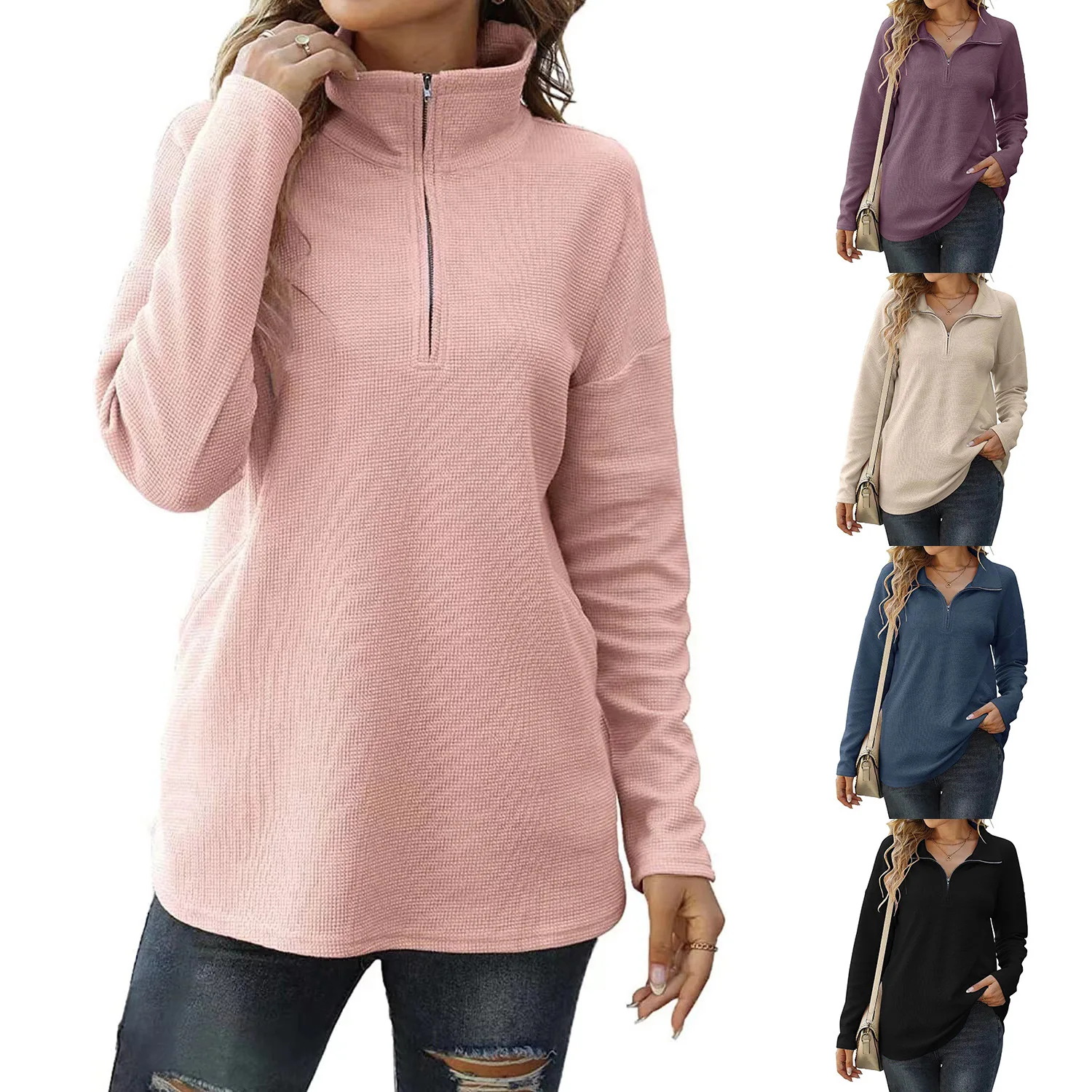 

Autumn and Winter New Women's Loose Zip Pocket Knitwear Long Sleeve T-shirt Top Fashion Casual Versatile Commuter Tops Female